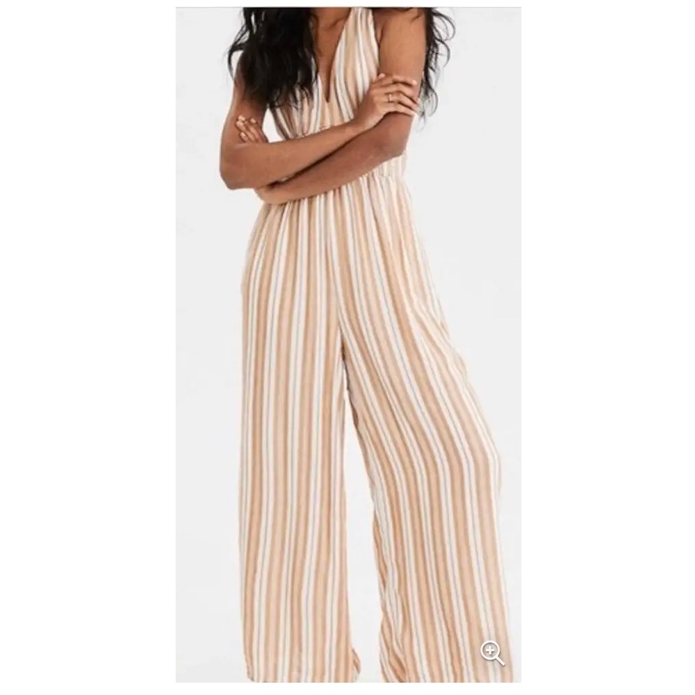 American Eagle Stripe Halter Wide Leg Romper Jumpsuit